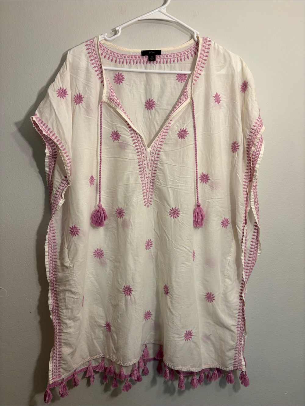 J. Crew White oversized Coverup Tunic with Pink Embroidery and Tassels